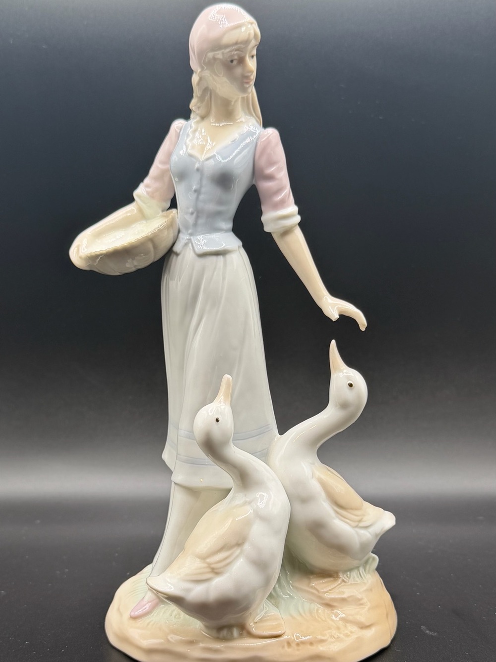 Porcelain Girl with Geese Figurine - Pastel Pink & Blue